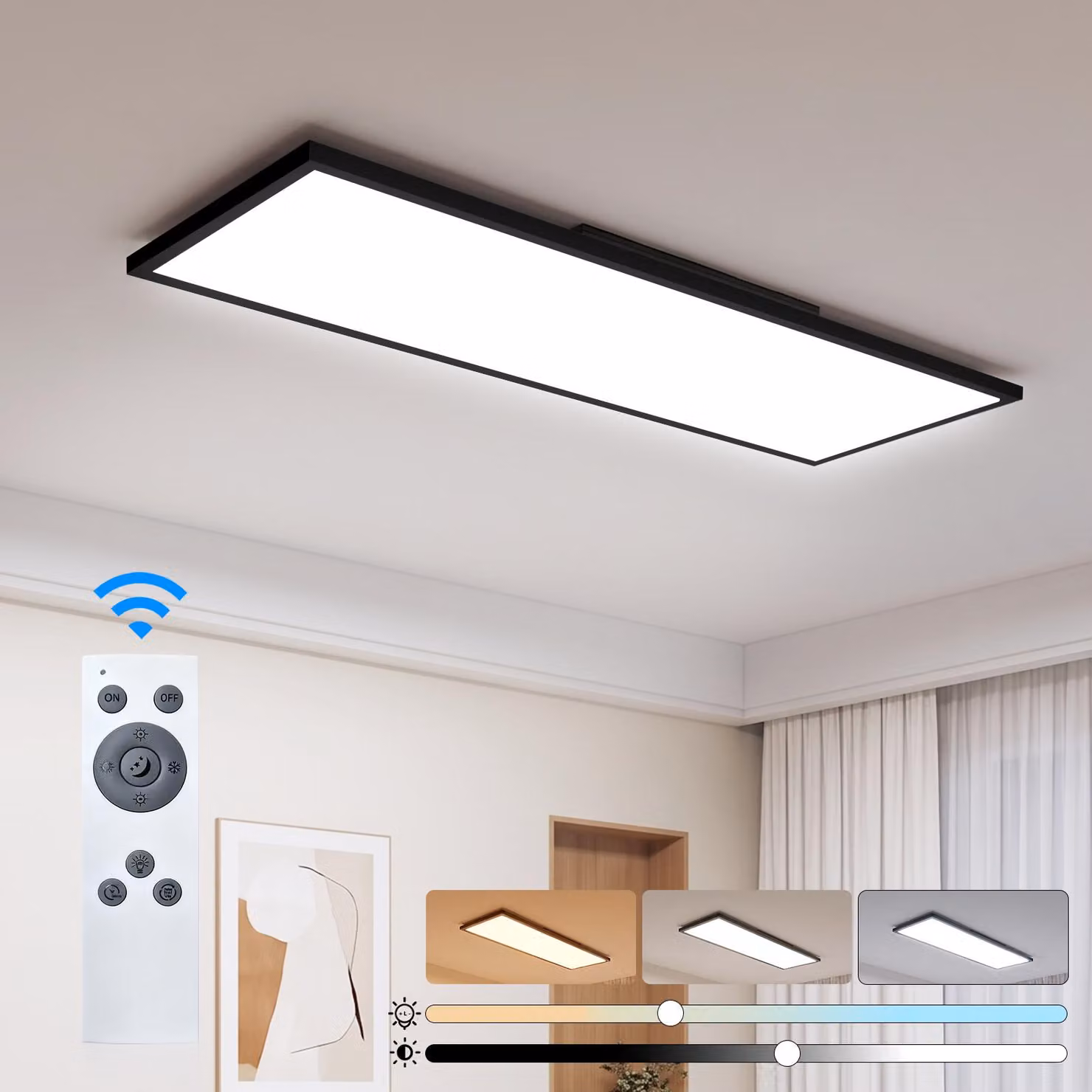 Pannello LED ZMH, 100x25 cm, dimmerabile, plafoniera piatta per soggiorno, 13,5W, con telecomando, temperatura del colore regolabile, ideale per camera da letto, cucina, corridoio, colore nero