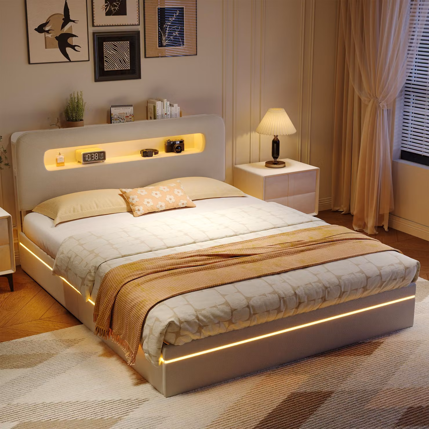 Letto con boxspring 140x200 cm con spazio contenitore, letto imbottito con illuminazione a LED, letto con sistema di sollevamento idraulico e contenitore, letto con rete a doghe, rivestito in velluto, color beige