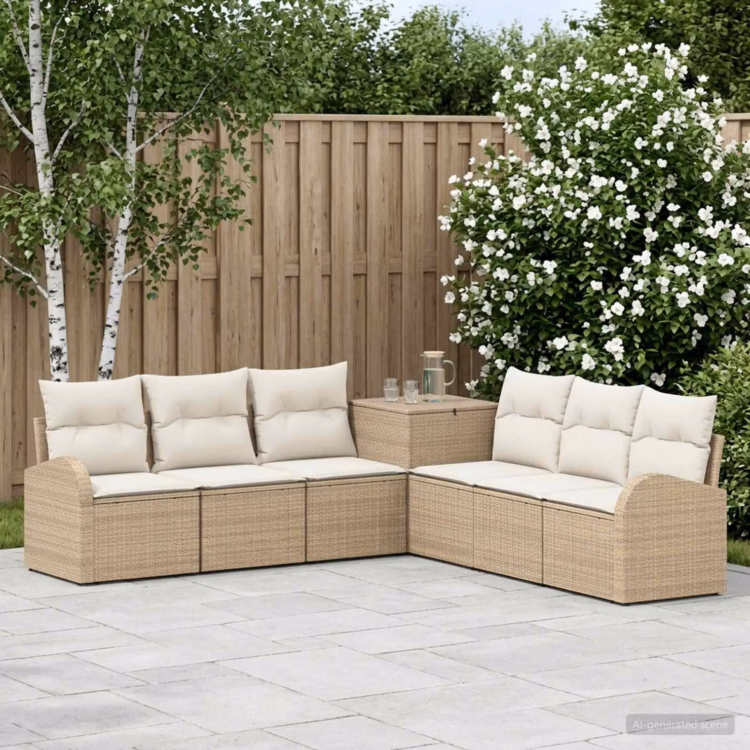Set di divani da giardino vidaXL in polyrattan con cuscini, beige e bianco crema