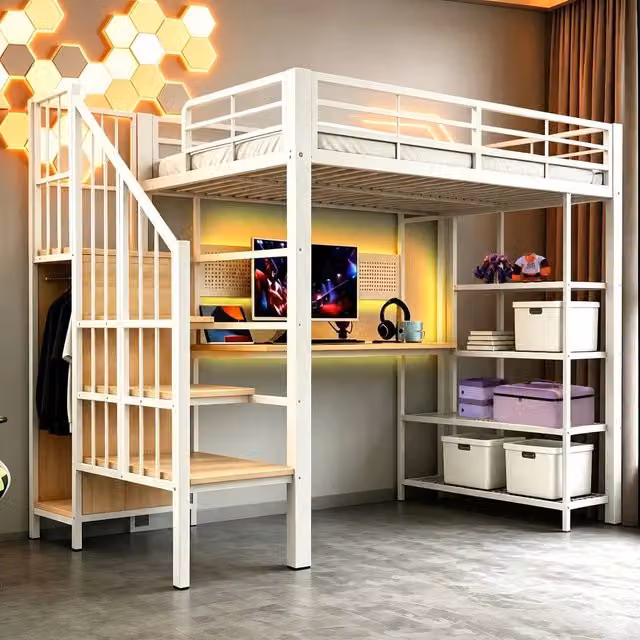 Letto a soppalco 90 × 200 cm con scrivania, prese europee, LED e scala contenitore, senza materasso, bianco
