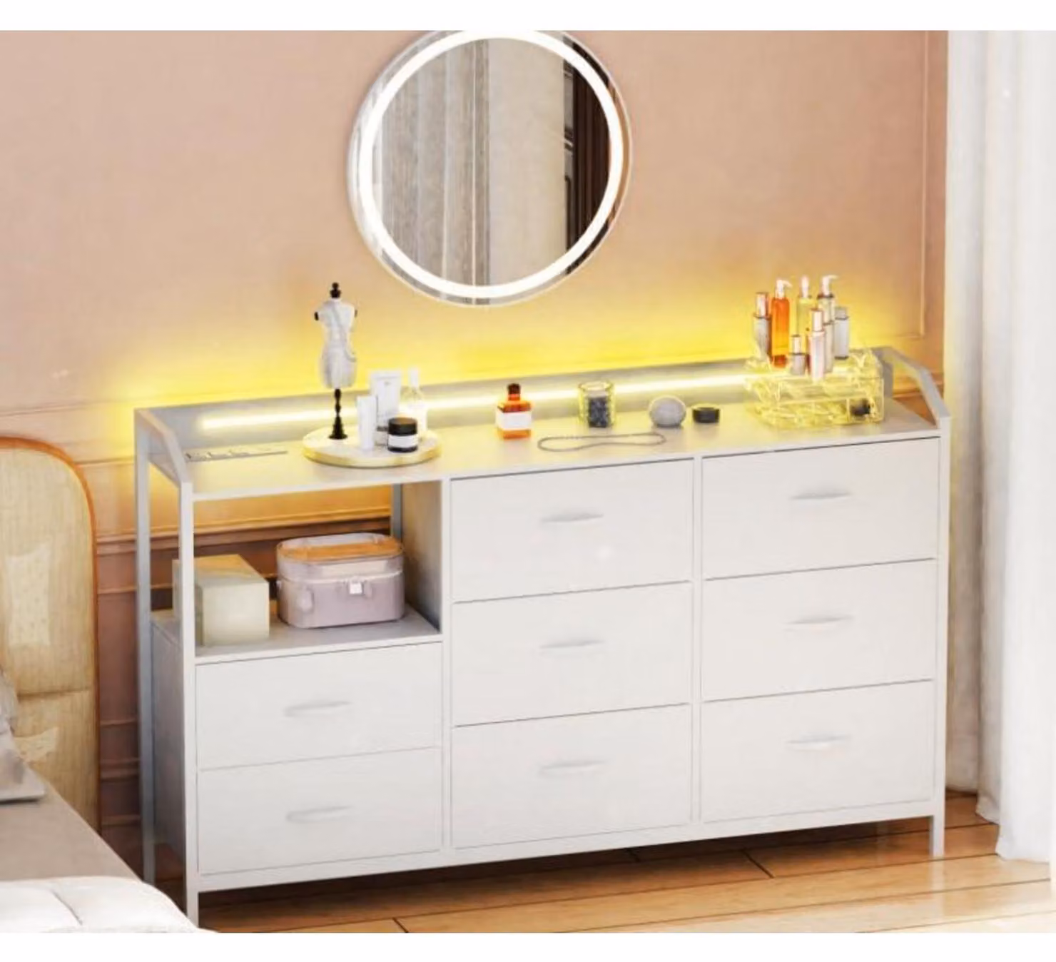 Comodino con cassetti e illuminazione a LED, dimensioni 110x30x88 cm, colore bianco