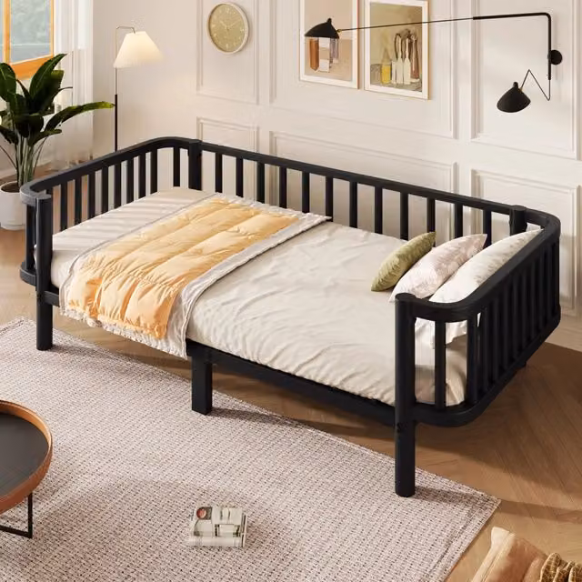 Letto singolo salvaspazio 90×200 cm con rete a doghe, senza materasso, in metallo nero per camera