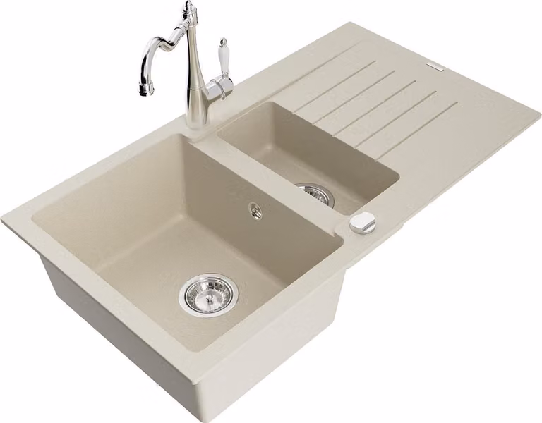Mexen Matias lavello in granito 1,5 vasche con scolapiatti e rubinetto da cucina Carla, beige - 6502-69-670700-00