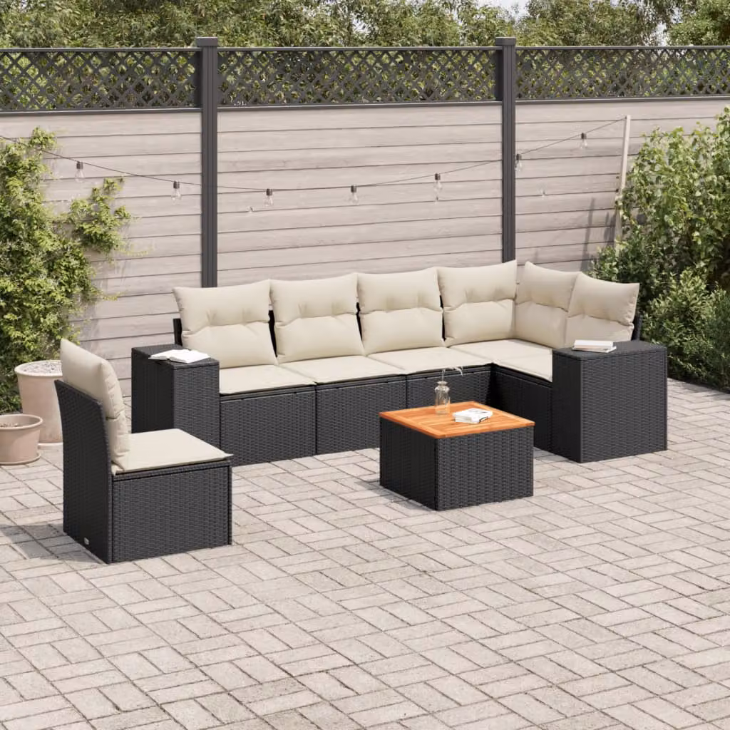 vidaXL Set Divani da Giardino a L con Cuscini 7pz in Polyrattan Nero e Legno di Acacia – 1