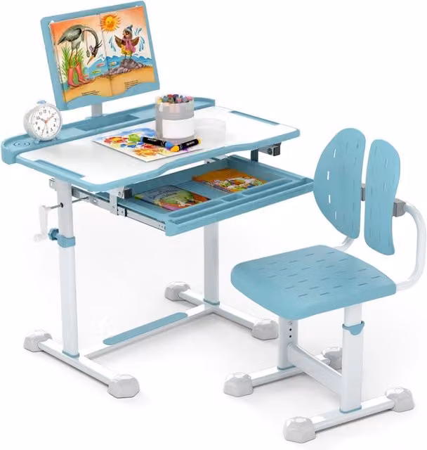 Scrivania per bambini con piano inclinabile sedia ergonomica, Set di scrivania e sedia regolabile in altezza Blu-Tavoli e sedie