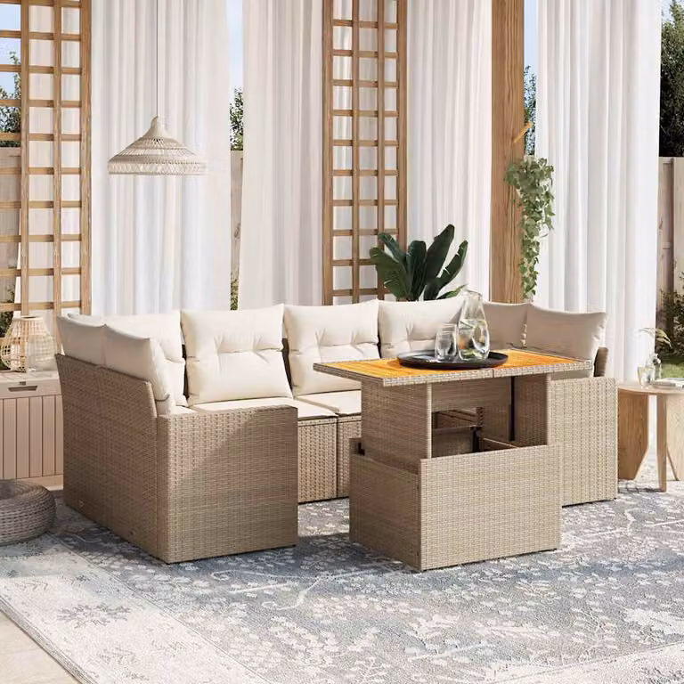 vidaXL Set Divani da Giardino a L 7 pz con Cuscini Beige e Tavolino, Design Moderno in Polyrattan e Legno di Acacia