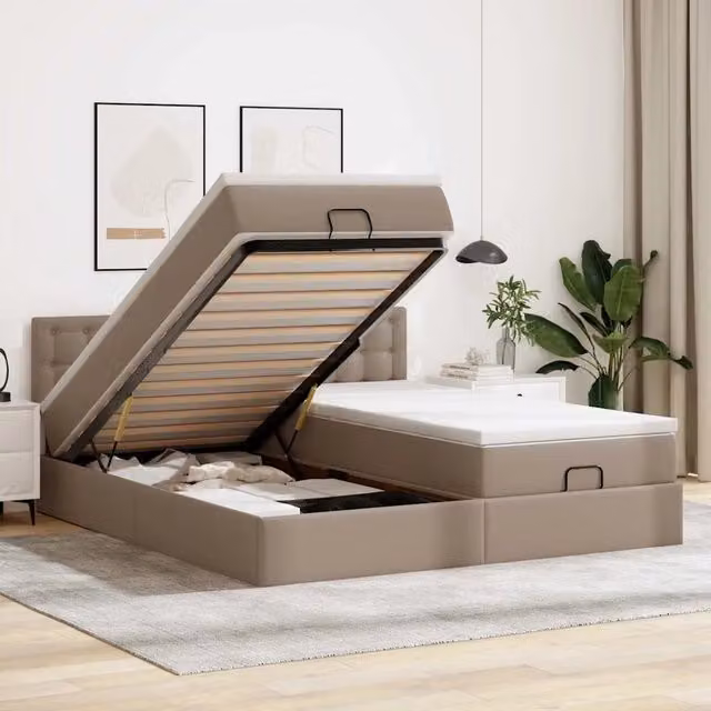 Letto con contenitore a sollevamento vidaXL in similpelle beige e bianco, L/P/H: 180 x 200 x 88 cm