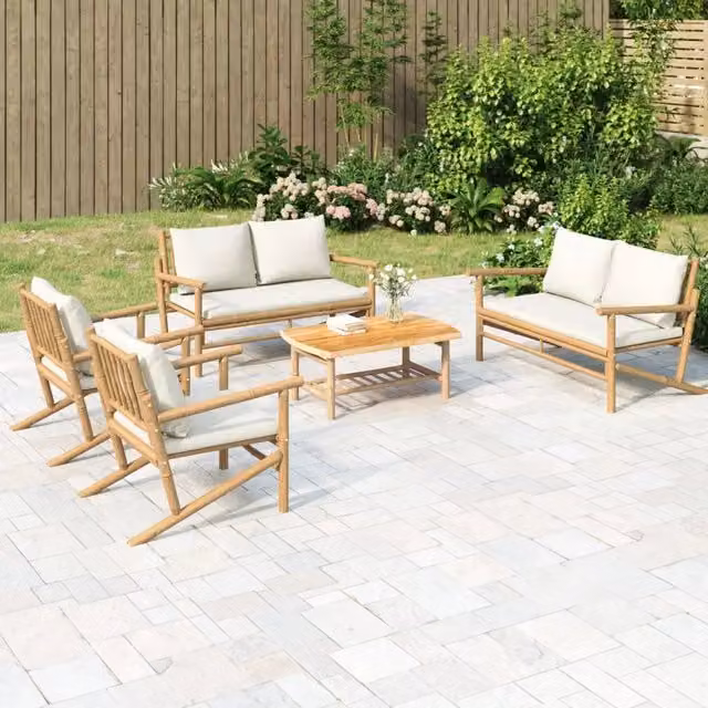 Set Salotto da Giardino 5pz con Cuscini Bianco Crema in Bambù 3156475