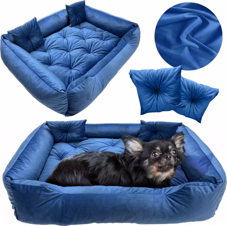 Cuccia per cani, lettino 120x90 cm, cuscini trapuntati, divano, lettino, recinto, velluto blu
