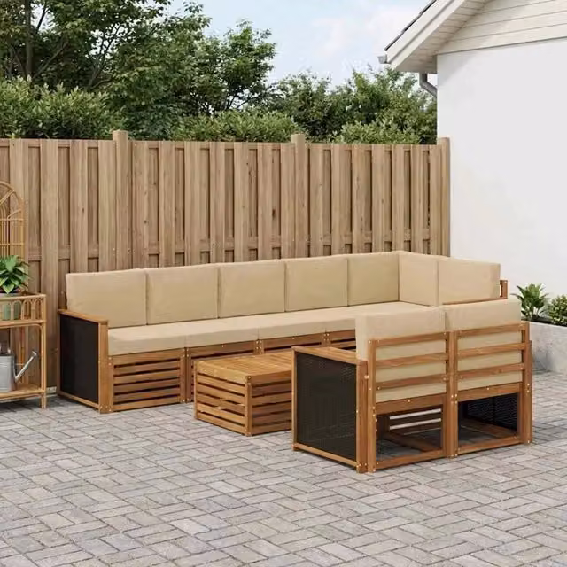 Set di divani da esterno vidaXL in legno di acacia con cuscini beige e marrone, 8 pezzi – 1
