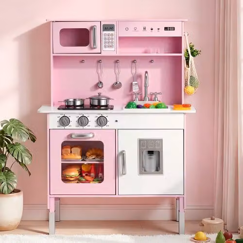 Set da Cucina Giocattolo in Legno VEVOR con Luci e Suoni, Microonde e Forno, Rosa
