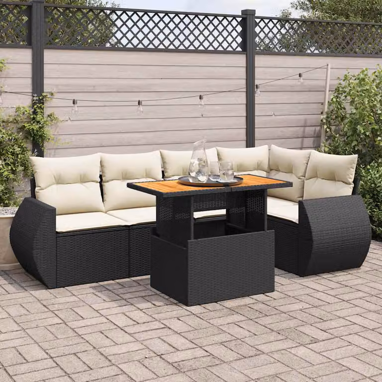 Set Divano da Giardino vidaXL 6 pz in Polyrattan Nero con Cuscini e Tavolino da Esterno a Forma di L