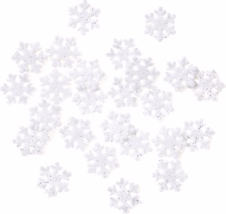 SNOWFLAKES bianchi con glitter argento, 2,4 cm, 24 pezzi.