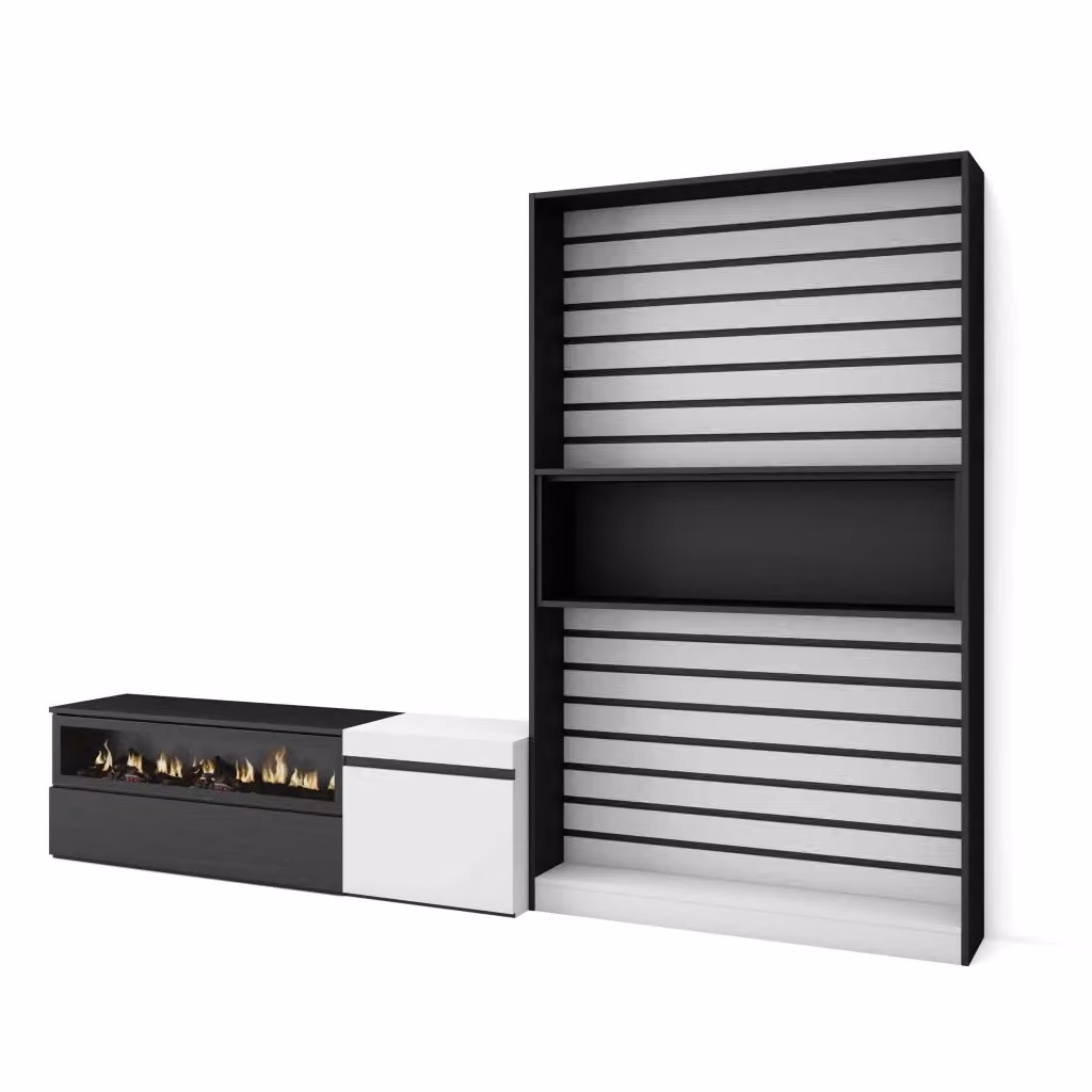 Mobile TV per soggiorno Skraut Home con camino elettrico, Bianco e nero, L: 260 cm, P: 35 cm, H: 186 cm – 2