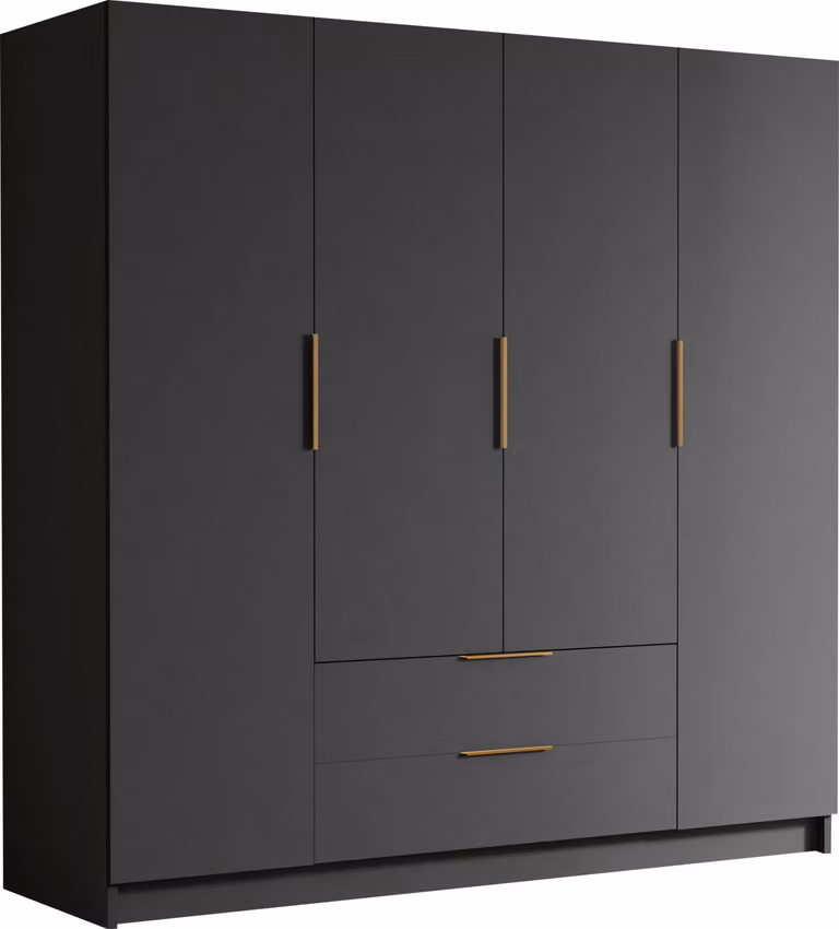 MIRJAN24 Armadio Sofia I 200, camera da letto, armadio ad ante battenti, con appendiabiti, moderno, guardaroba, maniglie in metallo (colore: nero + oro)