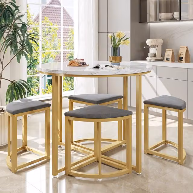 Set tavolo e 4 sedie da pranzo Mivray moderno con tavolo rotondo in MDF bianco lucido e sedie in velluto grigio con dettagli oro, L/P/H: 120 x 120 x 75 cm