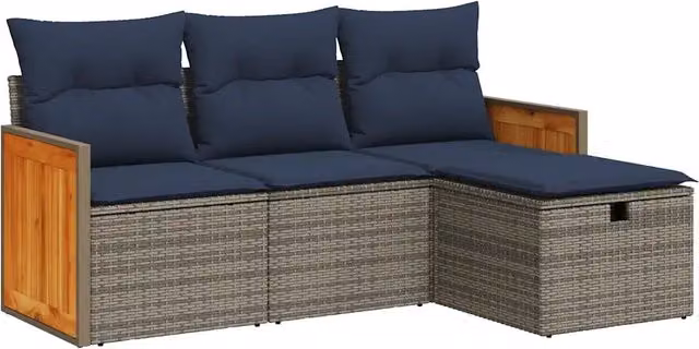 Set Salotto da Giardino Moderno a Forma di L con Cuscini Blu e Grigio, Struttura in Acciaio e Legno di Acacia