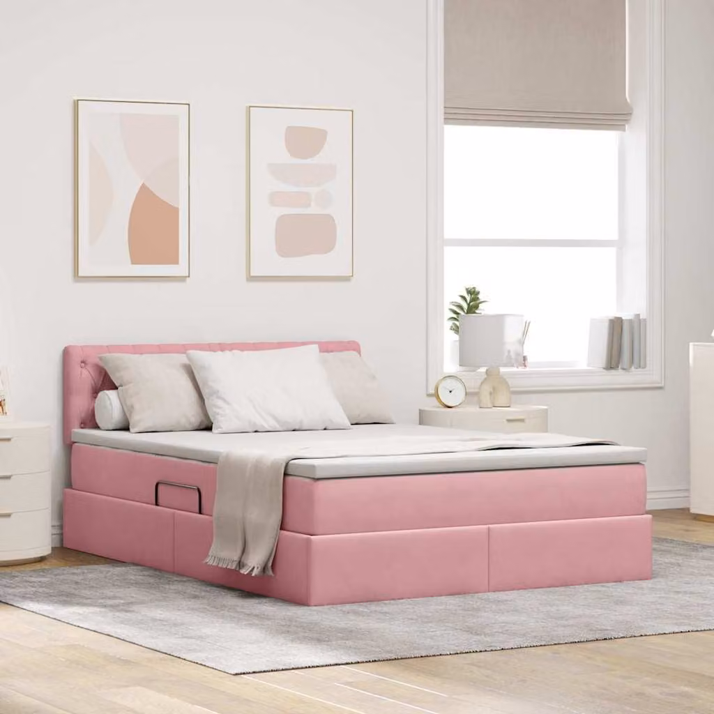 Letto con contenitore e illuminazione LED vidaXL in velluto rosa, L/P/H: 140 x 200 x 88 cm – 1