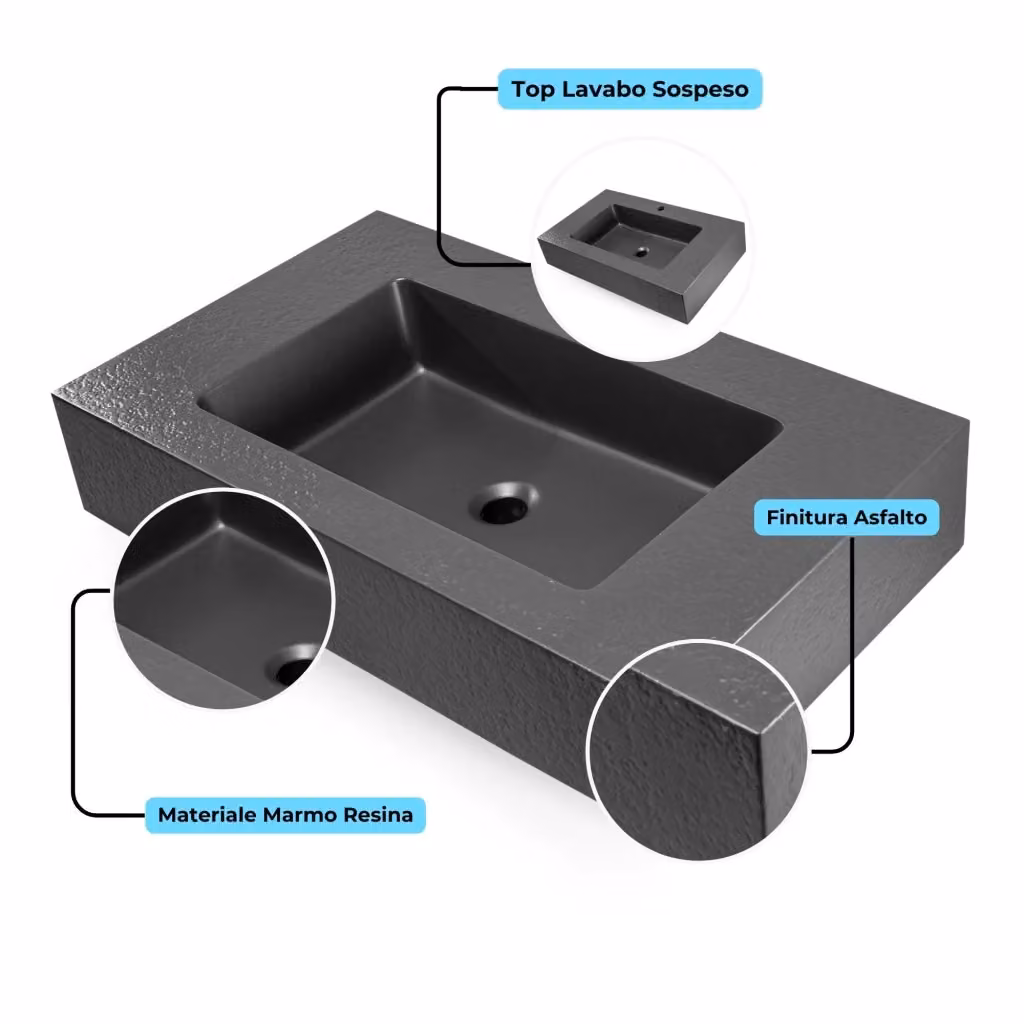 Ogomondo Lavabo Sospeso in Marmo Resina Finitura Asfalto Antracite L: 80 cm, P: 46 cm, H: 15 cm – 2