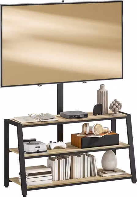 Mobile TV Zephmum per schermi da 32-70 pollici con ripiani aperti e angolo regolabile, effetto legno naturale marrone, L 108 x P 41 x H 135 cm