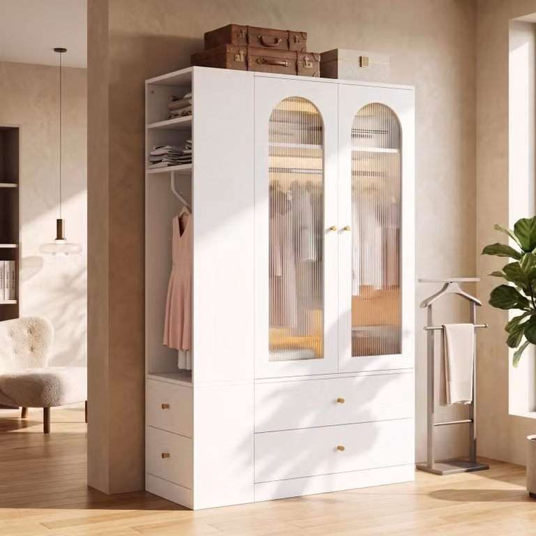 Armadio 120x50x200, con 4 cassetti, 2 ante in vetro, 2 aste appendiabiti, design moderno, ampio spazio di stoccaggio