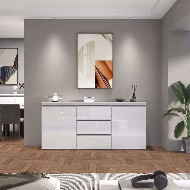 WHOUS Credenza a cassettiera Magic 2 ante e 3 cassetti bianco lucido 180x40x80 cm