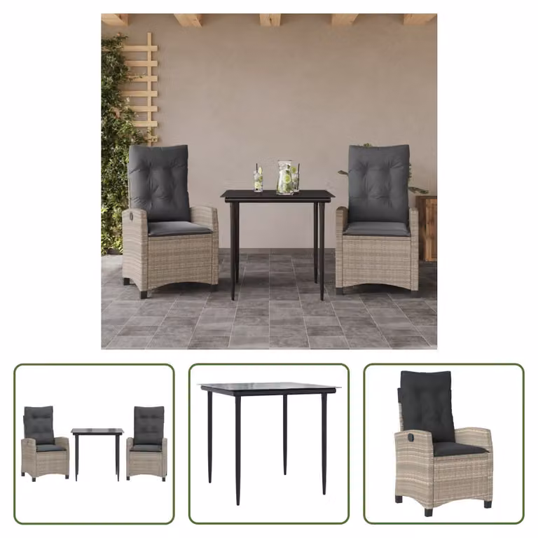 The Living Store Set da pranzo da giardino 3 pezzi con cuscini in rattan grigio chiaro