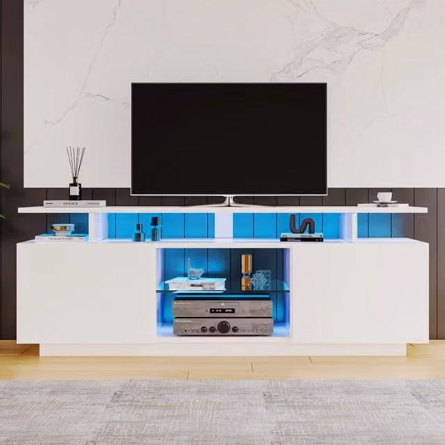 Mobile TV bianco 1,4 m per TV 60", ante lucide e ripiani in vetro, illuminazione LED a 16 colori