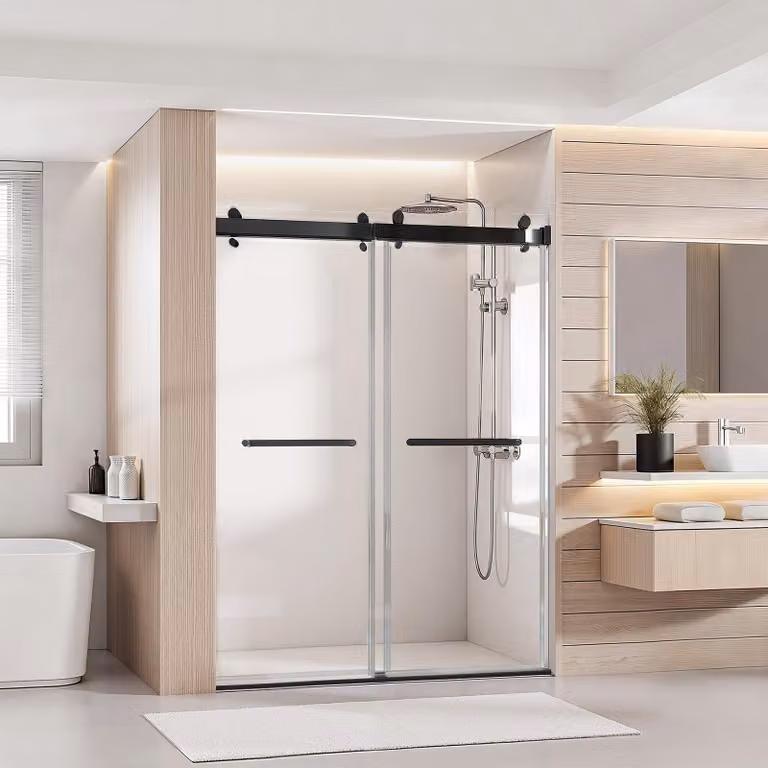Porta doccia senza telaio - Porta scorrevole - Larghezza 121,9 cm - Vetro di sicurezza ESG da 10 mm - Rivestimento nano idrorepellente e anticalcare - Binario di scorrimento, listelli di tenuta e kit di montaggio inclusi - Trasparente