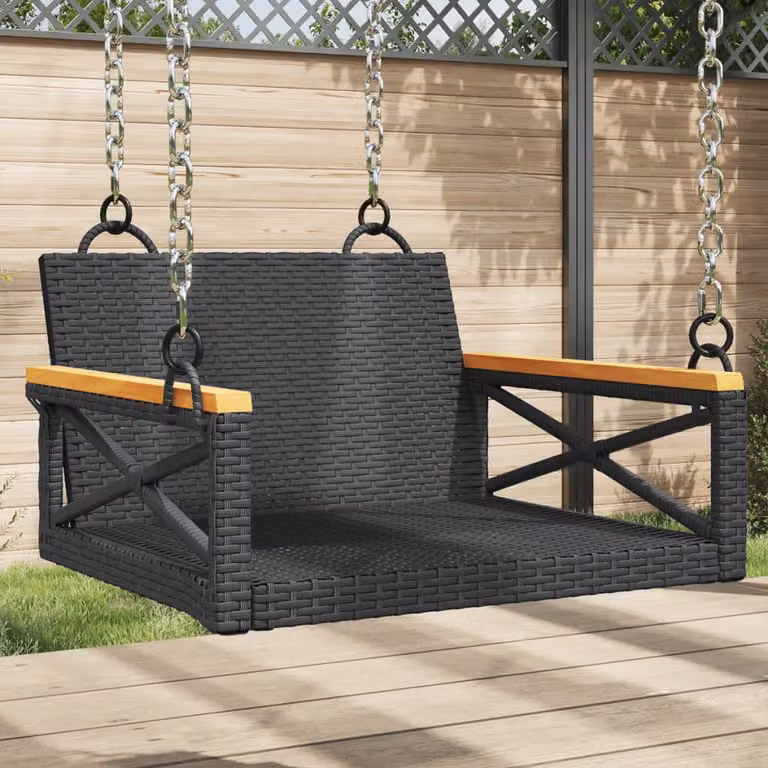 Panchina a dondolo vidaXL in polyrattan nero con struttura in metallo e legno di acacia oliato, L/P/H: 63 x 62 x 37 cm