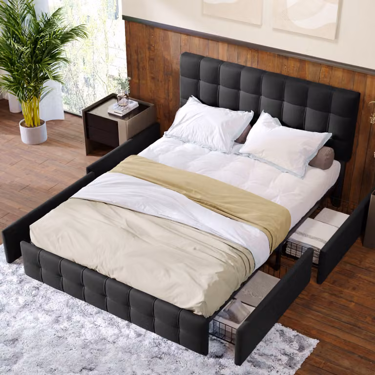 Letto imbottito Merax 140x200cm con rete a doghe e 4 cassetti, testata regolabile in altezza e doghe in metallo, letto contenitore letto matrimoniale letto in legno massiccio letto matrimoniale biancheria, nero