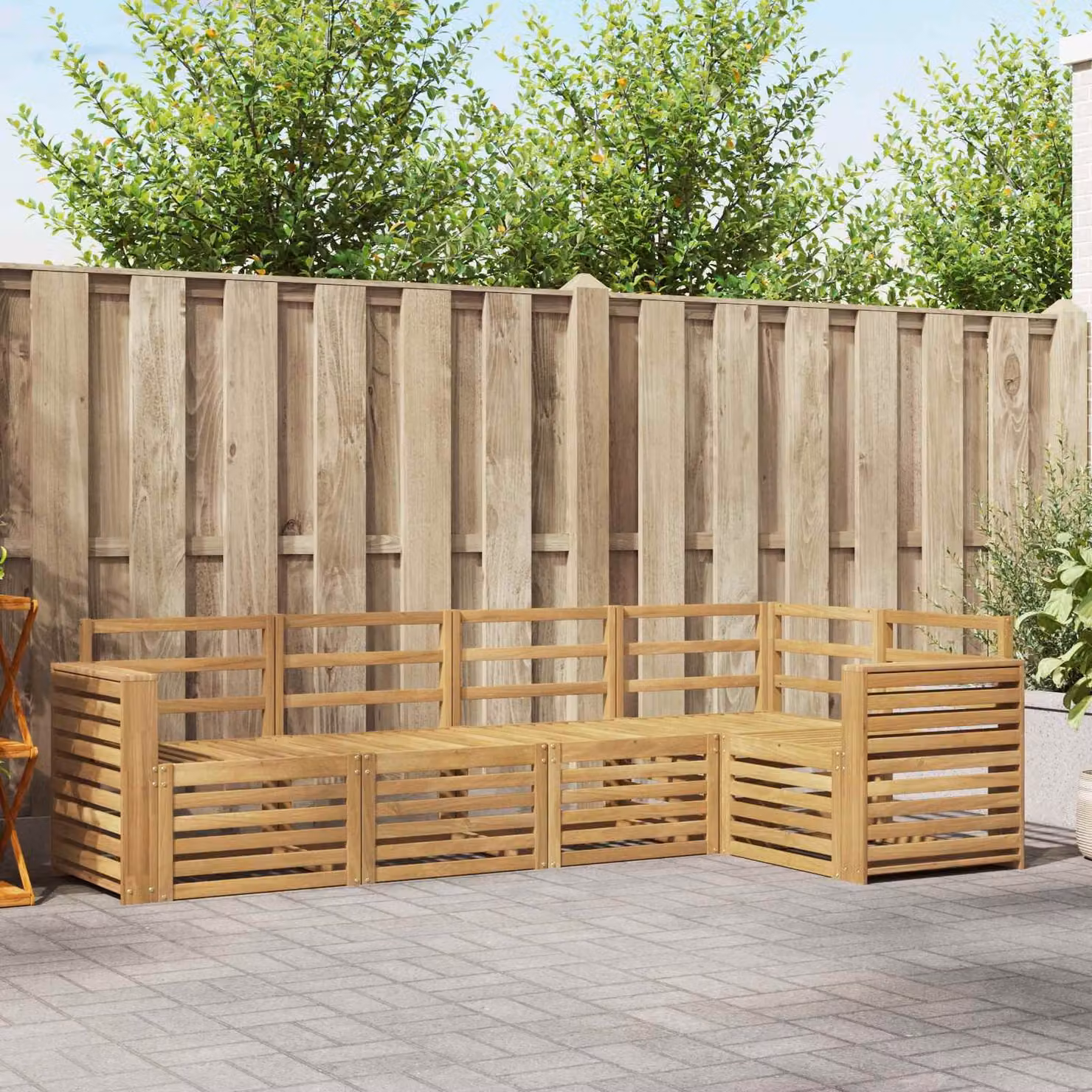Set di divani da esterno vidaXL 5 pz in legno di acacia massello con cuscini bianchi e marroni a forma di L