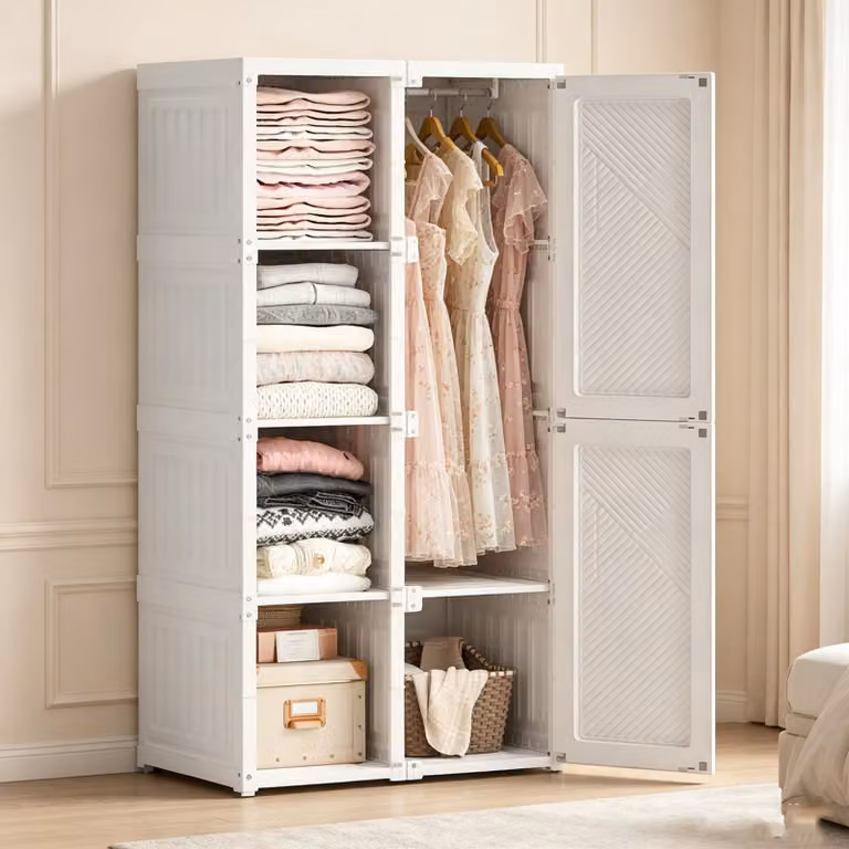 Armadio INONEFT, 69x50x136 cm, armadio pieghevole multifunzione con 1 asta appendiabiti, 5 scomparti, ante magnetiche, armadio per guardaroba per soggiorno, bianco