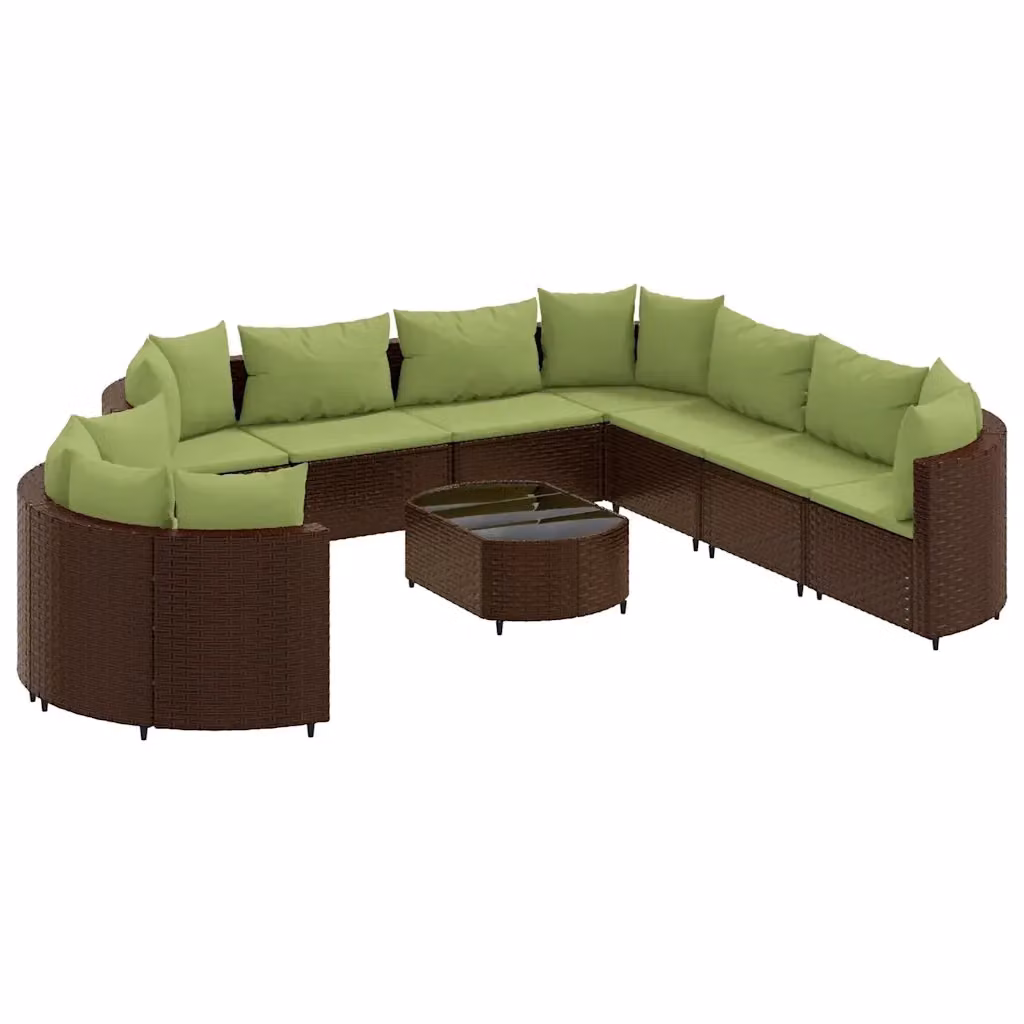 Set Divano da Giardino a Forma di U vidaXL con Cuscini e Tavolino da Esterno in Polyrattan Marrone e Verde – 2