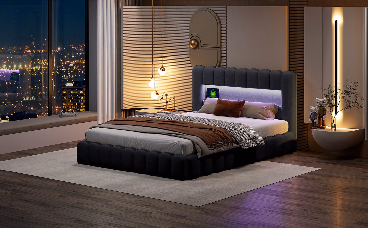 CDGlobal letto imbottito letto matrimoniale letto per ragazzi (contenitore sollevabile idraulicamente), con illuminazione LED, connessioni USB e Type-c, biancheria, 140x200 cm