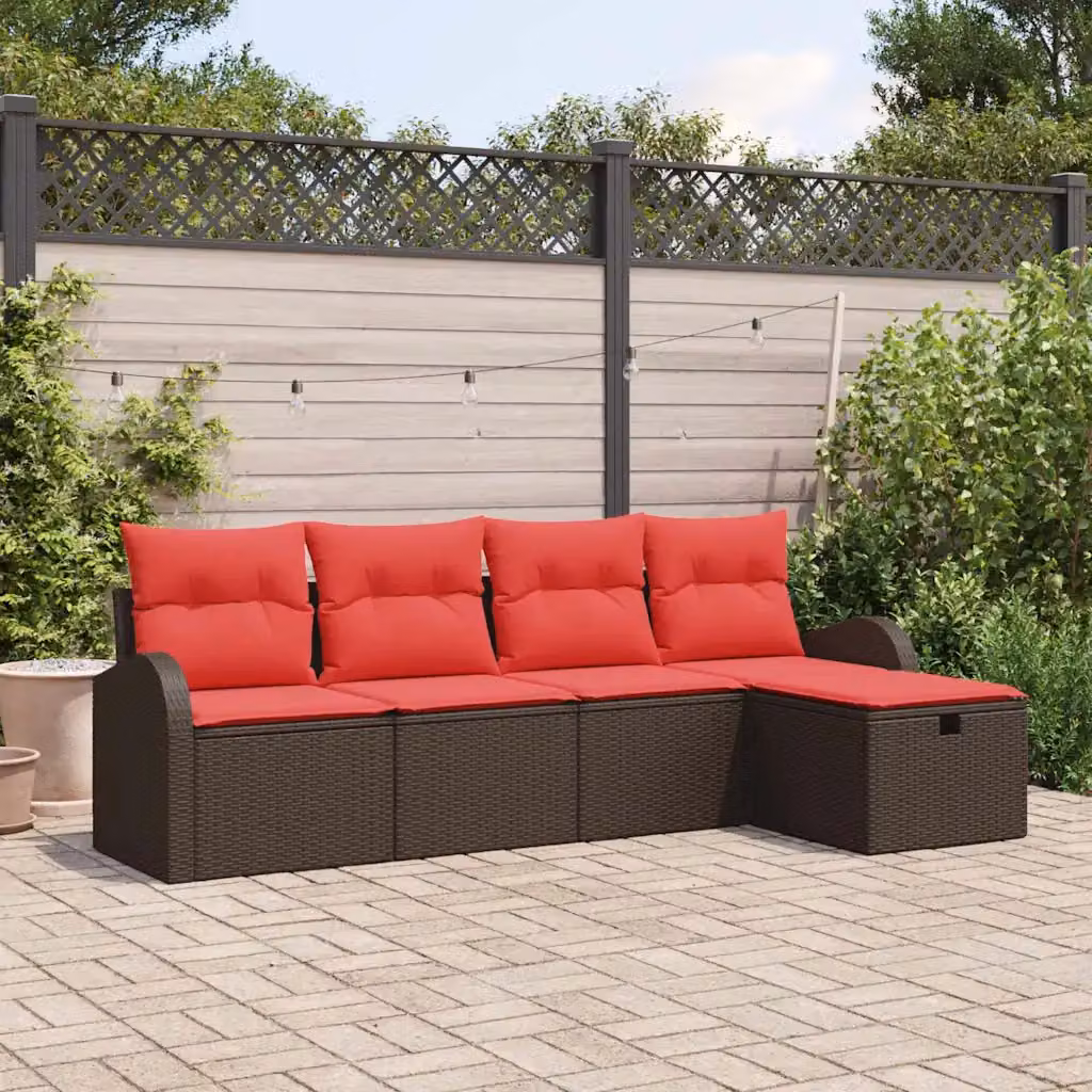 Set di divani da giardino vidaXL a 5 posti a forma di U con tavolino, pouf e cuscini, colore marrone e rosso
