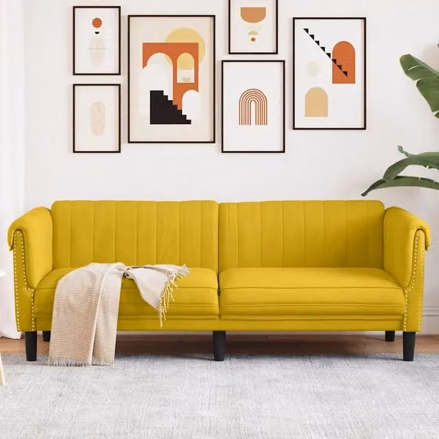 Divano a 3 Posti-Sofa 3 Posti Giallo in Velluto
