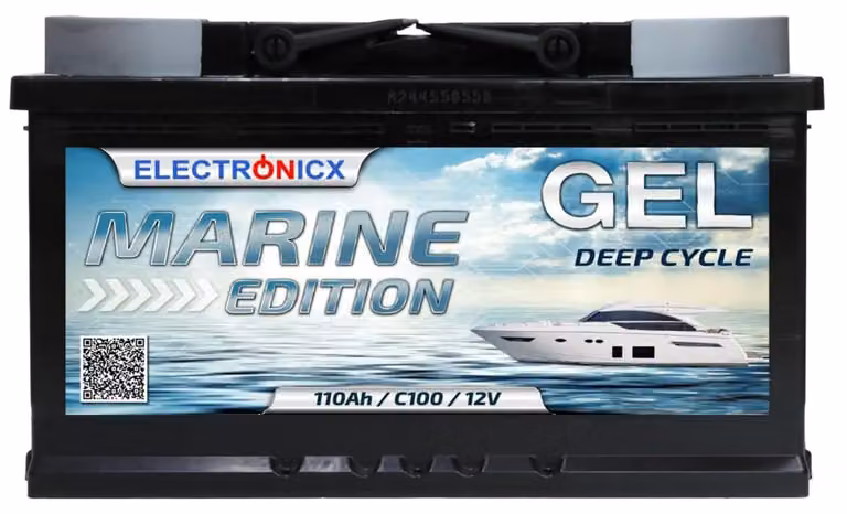 Batterie al gel da 12V, 110Ah, versione marina, dimensioni 315x175x190 mm, polo positivo a destra