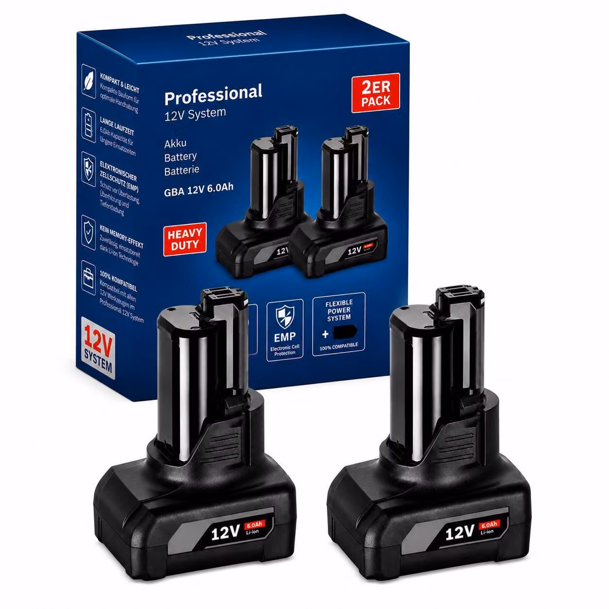 2 batterie di ricambio da 12V, 6,0Ah, agli ioni di litio, compatibili con il sistema di batterie Bosch Professional GBA 12V – confezione doppia di batterie per utensili con indicatore LED