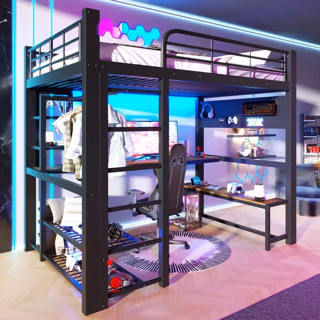 Letto a soppalco MIVRAY nero con scrivania, illuminazione LED, ripiani, barra appendiabiti e pannello forato in metallo, L/P/H: 200 x 140 x 204 cm – 2