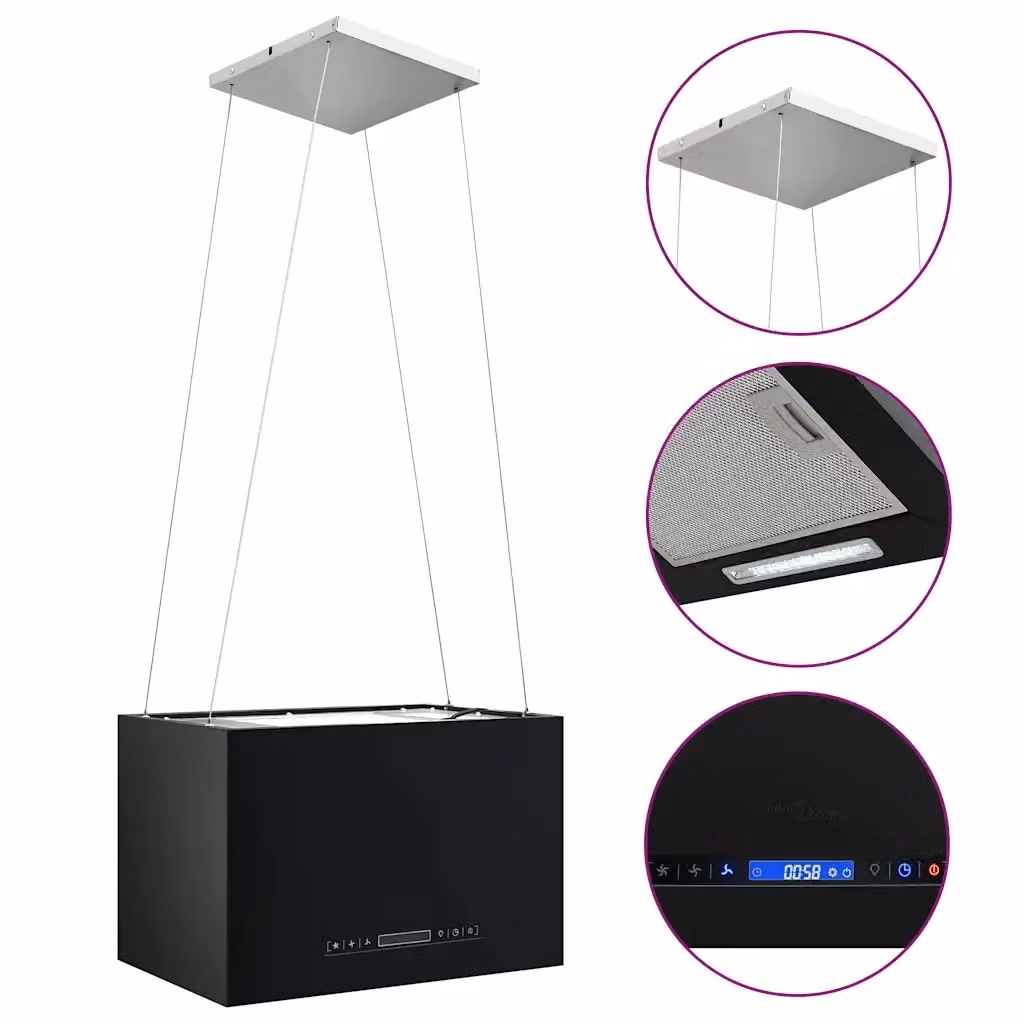 Cappa da cucina ad isola sospesa vidaXL in acciaio inossidabile nero con display LED e timer, sistema a ricircolo con carboni attivi, 55 cm – 2