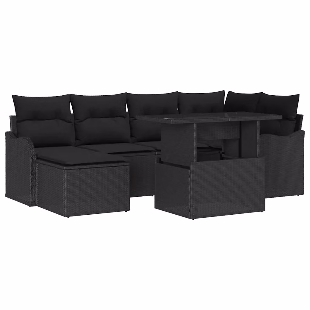 Set Divano da Giardino vidaXL 7 Pezzi Nero con Cuscini e Tavolino in Rattan e Metallo – 2