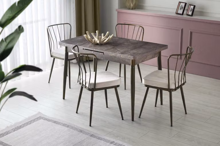 Skye Decor, tavolo da pranzo allungabile da 120-150 cm, colore mink, 100% melaminico, gambe in metallo