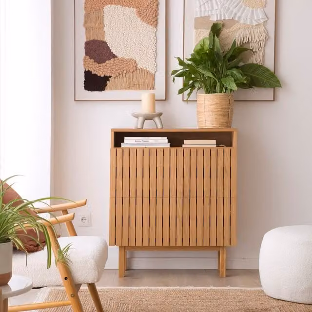 Portascarpe da ingresso Haiku Banak in legno rovere marrone con ante soft close e ripiano aperto