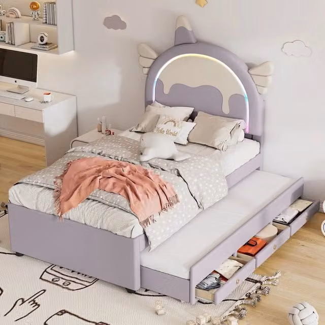 Letto per Bambini a Unicorno con Letto Estraibile ¨C MINIMAL ¨C PU Viola 90x200