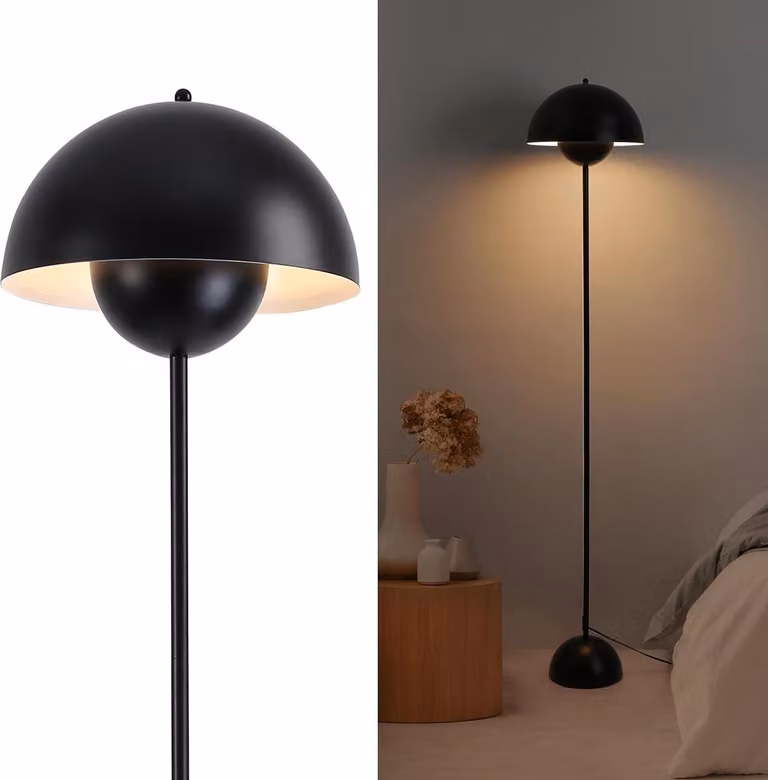 Lampada da terra classica dal design nordico in nero con paralume e base parabolica, attacco E27 per soggiorno, sala da pranzo, camera da letto