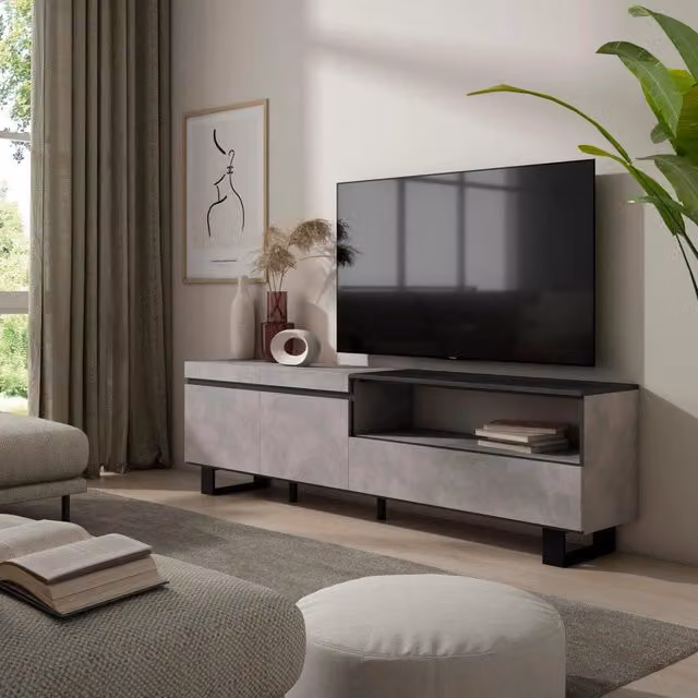 Mobile TV, 200x35x57cm, soggiorno, Per TV fino a 80", Design industriale, grigio cemento RF2227