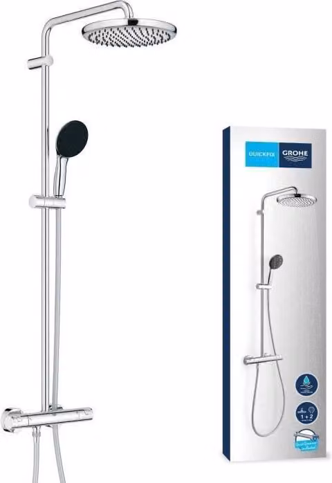 GROHE Vitalio Start System 250 Sistema doccia termostatico, soffione doccia 25 cm, doccetta 11 cm, cromato, risparmio idrico