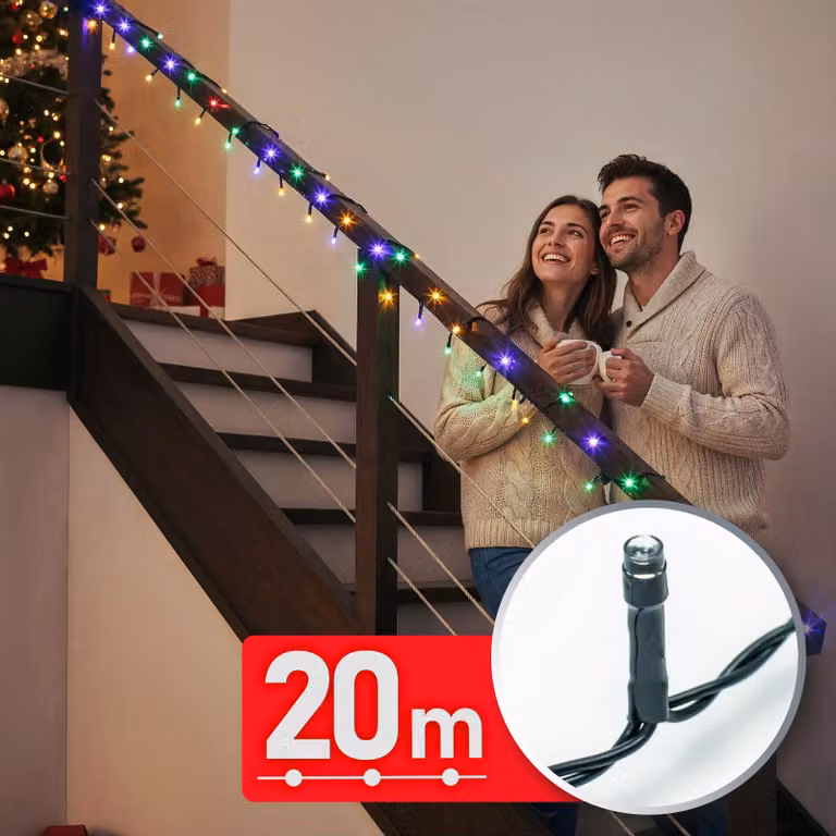 Luci natalizie a LED - 20 m di luci fiabesche con 400 LED - multicolore - 8 livelli di luce con timer e funzione di memoria - filo verde - per uso interno ed esterno - 220-240 V - 6 W [59768]