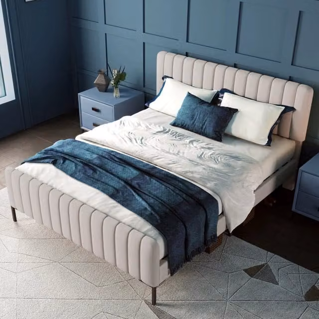 Letto imbottito 140 x 200 cm con rete a doghe e testiera regolabile; lino grigio beige